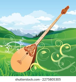 Musical Kazakh national instrument dombra, mountain landscape of Kazakhstan. Vector illustration