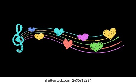 Musical key with crayon lines and hearts. Fun hand-drawn charcoal signs with stamp texture, music underline, and hearts in vibrant kindergarten color scheme. Colorful vector card illustration