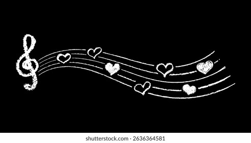 Musical key with crayon lines and hearts. Fun hand-drawn charcoal childish signs with stamp texture, music white color underline, and hearts for kindergarten kids. Vector card illustration
