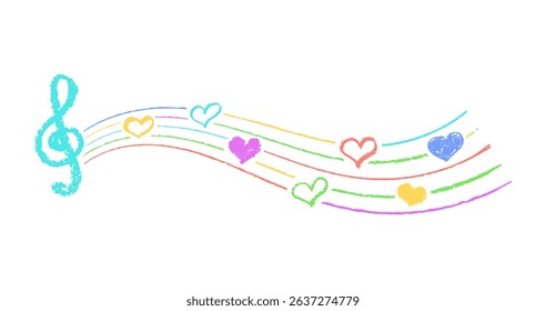 Musical key with crayon lines and hearts. Fun hand-drawn charcoal signs with stamp texture, music underline, and hearts in vibrant kindergarten color scheme. Colorful vector card illustration
