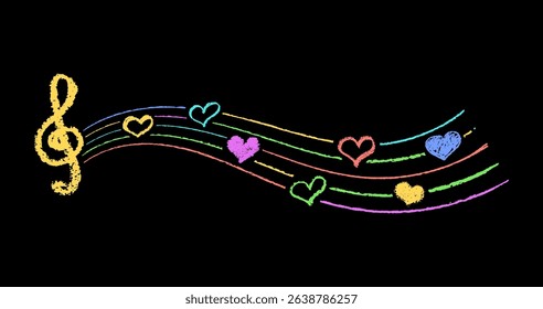 Musical key with crayon lines and hearts. Fun hand-drawn charcoal signs with stamp texture, music underline, and hearts in vibrant kindergarten color scheme. Colorful vector card illustration