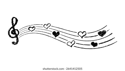 Musical key with crayon lines and hearts. Fun hand-drawn charcoal childish signs with stamp texture, music black color underline, and hearts for kindergarten kids. Vector card illustration