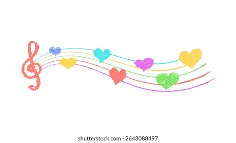 Musical key with crayon lines and hearts. Fun hand-drawn charcoal signs with stamp texture, music underline, and hearts in vibrant kindergarten color scheme. Colorful vector card illustration