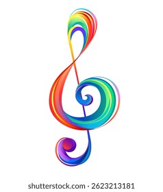 Chave musical desenhada a partir de camadas multicoloridas de cores arco-íris no fundo branco. 