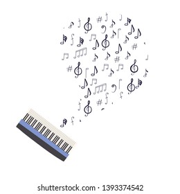 Musical keyboard illustration with musical notes. Isolated on white background. Greeting card, poster design element. Vector