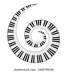 Musical keyboard spiral, constructed from octave patterns, black and white piano keyboard keys, shaped into repeated motif. Illustration. Vector.