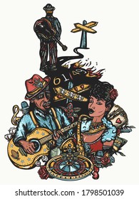 Musical legend, crossroads 61/49 and devil. Blues music concept. Elderly Afro American bluesman playing slide guitar. Tattoo and t-shirt design. Beautiful black jazz woman, saxophone