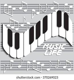 Musical life in the form of piano keys on the background notes. Vector illustration. Applique with realistic shadows.