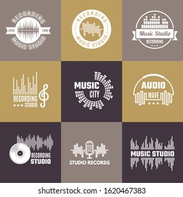 Musical logo. Audio studio badges sound waves shapes vector template set