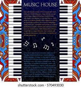 Musical logo for information and promotion. on decorated background, music house