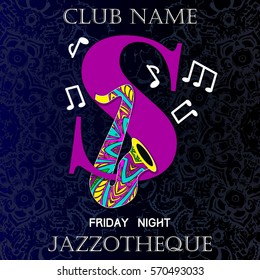 Musical logo for information and promotion. on decorated background, club name