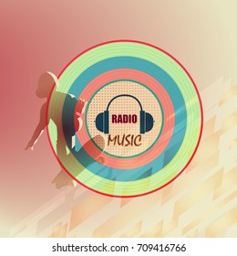 Musical logo for radio station. Skateboarder on the background music disc and the bright background. Vector illustration of colorful color.