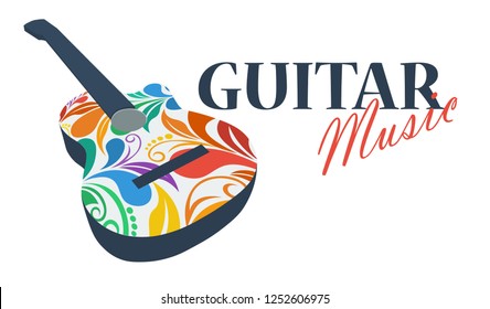 Musical logo. Silhouette of a guitar made from floral pattern. Bright juicy colors. The concept of classical music. Beautiful swirls. Spanish musical instrument. Flamenco.