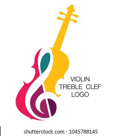 Musical logo. Silhouette of a violin and a treble clef. Bright juicy colors. The concept of classical music.
