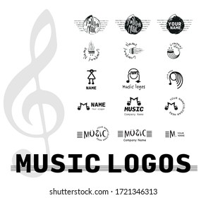 Musical logotypes set. A lot of different mono color logo options for musical band, artist, musician, arts school, jazz or blues mans etc. Creative different styles from classic to rock