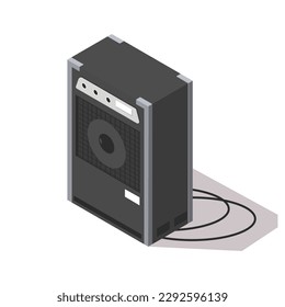 Musical loud speaker isolated on white background. Isometric 3d element in vector design style for concert show, musical performance. Acoustic sound bass woofer device web button. Vector illustration