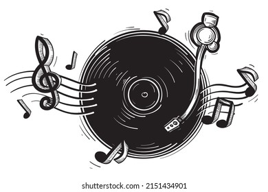 Musical melody - black and white drawn vinyl  turntable and notes