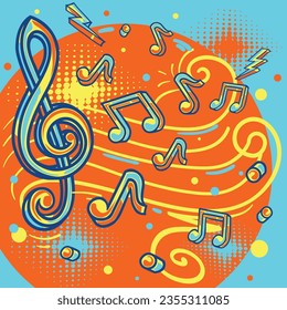 Musical melody - drawn colorful clef and notes decorative design