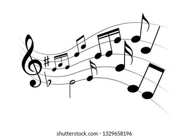 Musical melody symbol. Music notes backdrop. Sheet music on the staff. Graphic signs on white background. Vector illustration