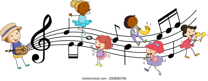 Musical melody symbols with many doodle kids cartoon character illustration