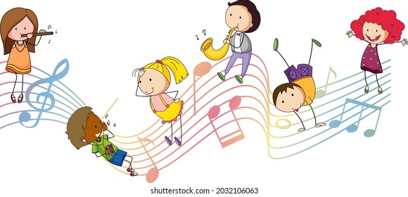 Musical melody symbols with many doodle kids cartoon character illustration