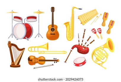 Musical metal wood acoustic instruments set: violin, tambourine, harp, trombone, bagpipe, saxophone, accordion, guitar, drum, tambourine, bagpipes, maracas, rumba cartoon vector