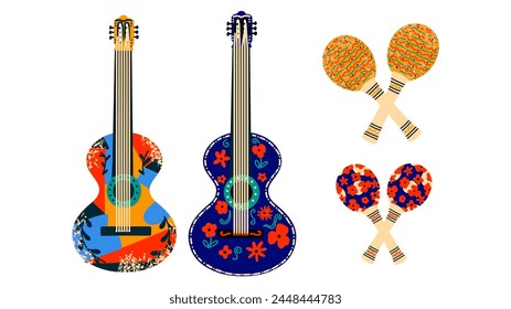 Musical Mexican instruments, guitars and maracas. Festive set for the day Cinco de Mayo
