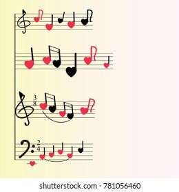 A musical mill with stylized notes, violin and bass keys, hearts. Musical romantic background. An interesting version of the texture for greeting cards or wrapping paper. White background, red and bla