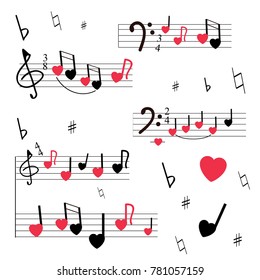A musical mill with stylized notes, violin and bass keys, hearts. Musical romantic background. An interesting version of the texture for greeting cards or wrapping paper. White background, red and bla