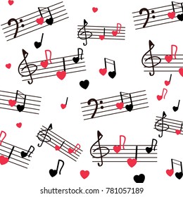 A musical mill with stylized notes, violin and bass keys, hearts. Musical romantic background. An interesting version of the texture for greeting cards or wrapping paper. White background, red and bla
