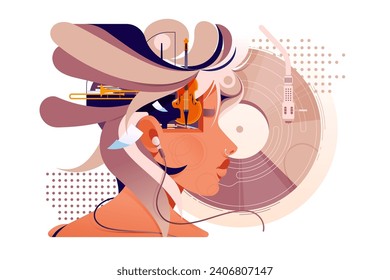 Musical Mind, vector illustration. An abstract portrayal of music influence on the brain and thoughts.