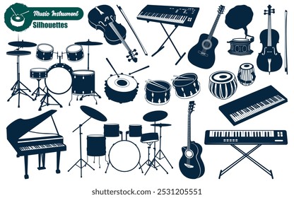 Instrumentos musicales o musicales siluetas Ilustración vectorial