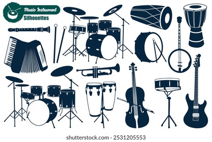 Instrumentos musicales o musicales siluetas Ilustración vectorial