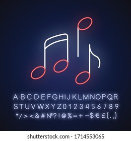 Musical neon light icon. Outer glowing effect. Sign with alphabet, numbers and symbols. Traditional movie genre, artistic cinematography. Music notes vector isolated RGB color illustration