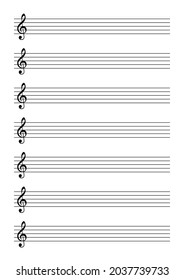Musical notation with lines and treble clef on a white background. Template for teaching and recording melodies, compositions. Vector.