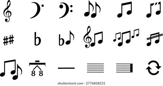 Musical notation symbol icons set with notes clefs rests music elements