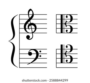 Musical notation symbols including treble and bass clefs on a staff, along with time signatures. Black and white design representing classical music notation. Vector illustration