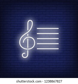Musical notation with treble clef neon sign. Classical music, concert or advertisement design. Night bright neon sign, colorful billboard, light banner. Vector illustration in neon style.