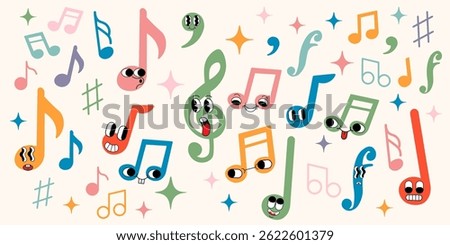 musical notations as groovy characters in doodle style in vector. Element for design advertisement mail posts poster print postcard banner mascot background