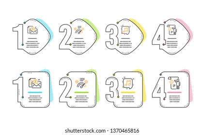 Musical note, Accounting report and Correct answer icons simple set. Manual doc sign. Speech bubble, Check finance, Approved. Project info. Education set. Infographic timeline. Line musical note icon