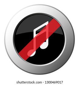 musical note - ban round metallic push button with white icon on black and diagonal red stripe