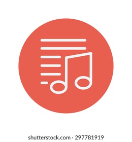 Musical note with bar lines thin line icon for web and mobile minimalistic flat design. Vector white icon inside the red circle.