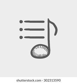 Musical note with bar sketch icon for web and mobile. Hand drawn vector dark grey icon on light grey background.