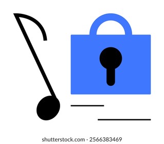 Musical note and blue padlock symbolize music piracy, security, copyright, protection, and intellectual property. Ideal for digital security, music industry rights, copyright issues, lock