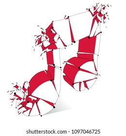 Musical note breaking to pieces and exploding, vector 3d realistic illustration symbol. Hard and loud music sound concept, powerful sounding, rock or electronic genres, club or festival idea.