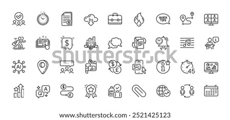 Musical note, Bureaucracy and Map line icons pack. AI, Question and Answer, Map pin icons. Financial documents, Analytics graph, Ranking star web icon. Podium, Teamwork chart, Timer pictogram. Vector