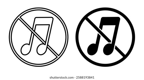 Musical note crossed out by prohibition sign inside circle. Icon symbol of silent mode, please do not make noise and do not use loud sounds. Simple black and white vector isolated on white background