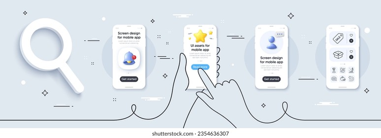 Musical note, Development plan and Student line icons pack. Phone screen mockup with 3d star, alert and chat message. Messenger, Tomato, Open box web icon. Sale ticket, Undo pictogram. Vector