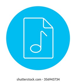 Musical note drawn on a sheet line icon for web, mobile and infographics. Vector white icon on the light blue circle isolated on white background.