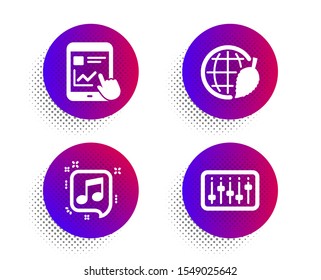 Musical note, Environment day and Internet report icons simple set. Halftone dots button. Dj controller sign. Speech bubble, Safe world, Web tutorial. Musical device. Education set. Vector